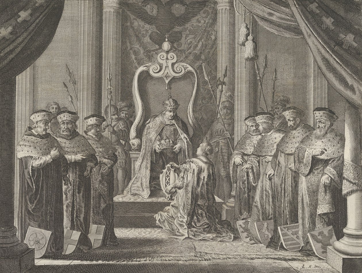 Tavle 8: Kejser Maximilian II giver en krone til Amsterdams våbenskjold, fra Cas..., 1638. af Pieter Nolpe