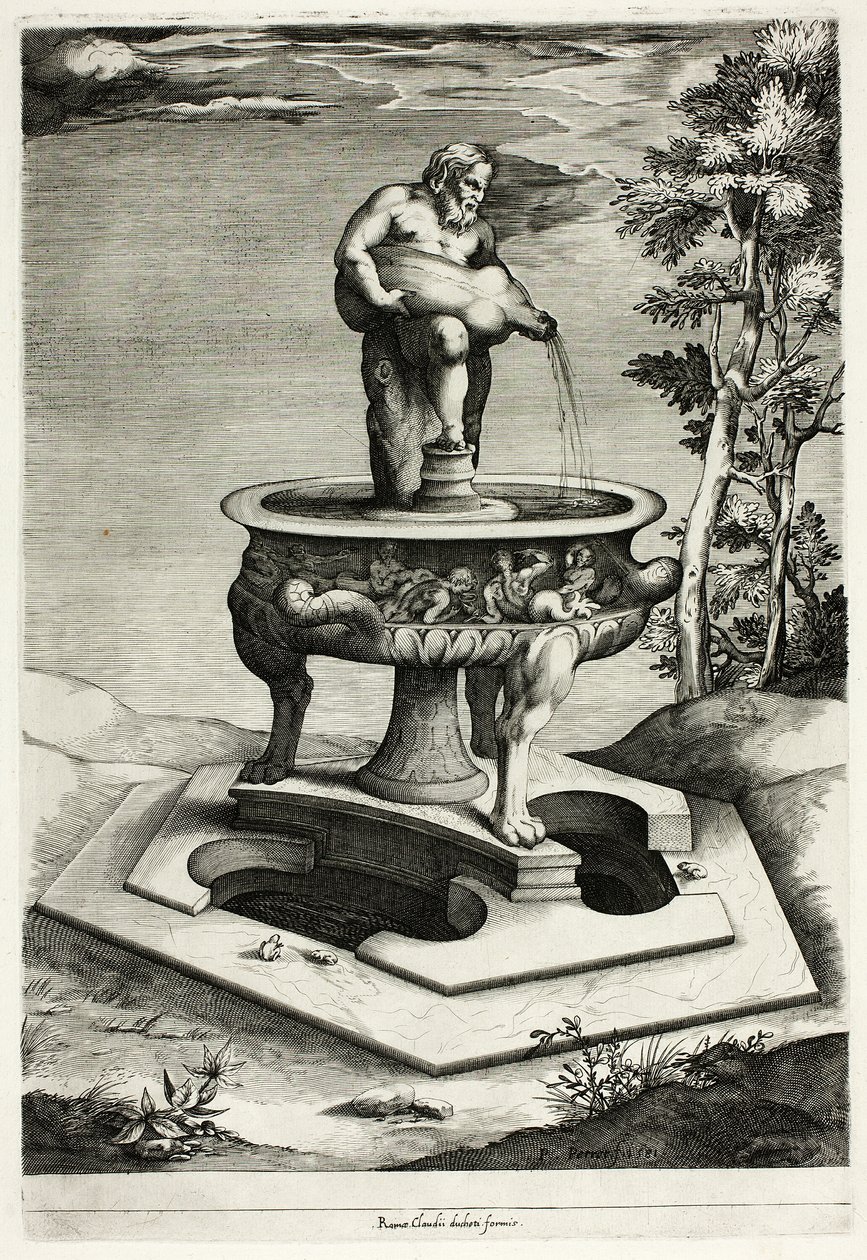 Springvand med Silenus i haven til Cesi-paladset nær Rom af Pieter Perret