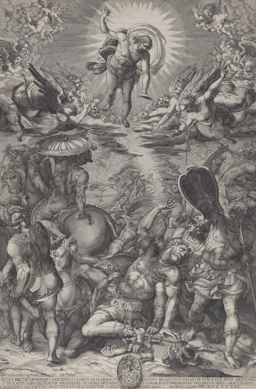 Sauls omvendelse, som ligger på jorden omgivet af heste og soldater som Kristus..., 1583 af Pieter Perret