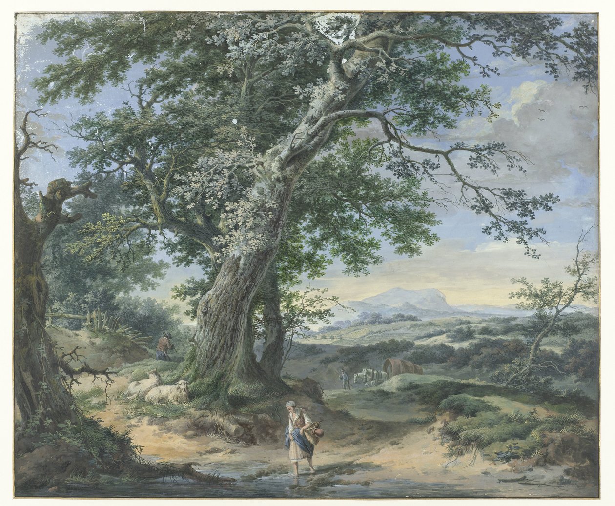 Bakket landskab med tunge træer og menneskestøv af Pieter Pietersz. Barbiers
