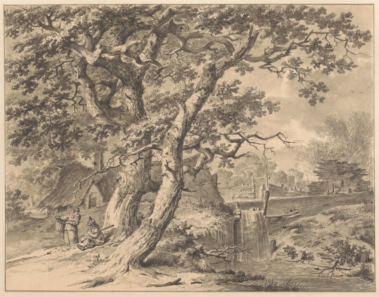 Landskab med et vandfald under to store træer af Pieter Pietersz. Barbiers