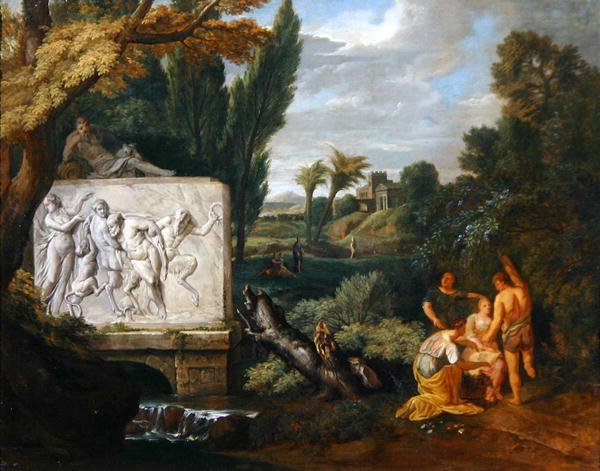 Et klassisk landskab med jomfruer, der danser ved en sarkofag, der skildrer Silenus