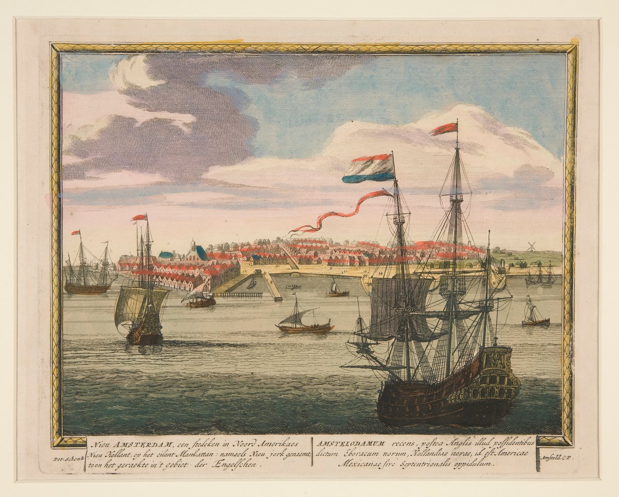 New Amsterdam, en by i Nordamerika Nieu Holland, på øen Mankatan: namaels New jork kaldet af Pieter Schenck I