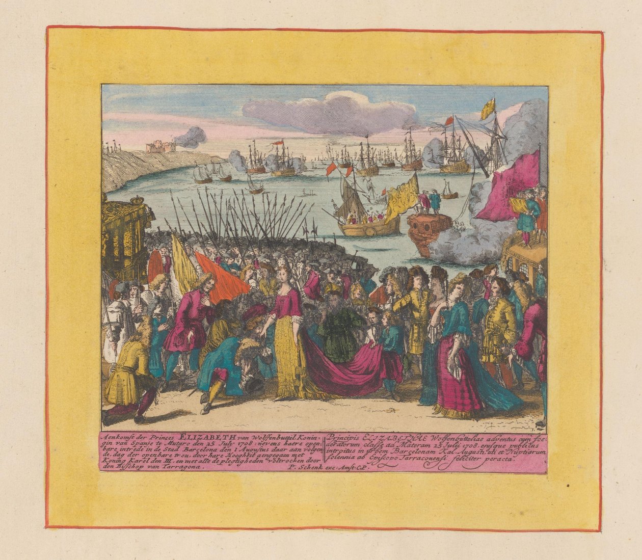 Ankomst af prinsesse Elisabeth Christine af Wolfenbüttel til Mutaro, 1708 Ankomst af prinsesse Elizabeth af Wolfenbuttel, dronning af Spanien (...) (titel på objektet) Krigens teater, begyndelsen af ​​kong Charles II. Indtil kong Karel de I af Pieter Schenk (I)