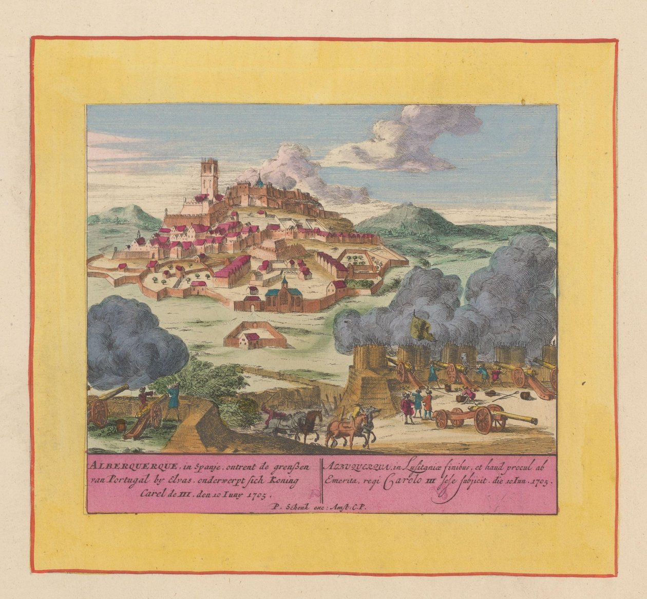 Belejring af Albuquerque, 1705 Alberquerque, i Spanien, på grænsen til Portugal ved Elvas, underkaster sig kong Carel III, den 10. juni 1705 (titel på objektet) Krigens teater, begyndelsen af ​​kong Charles II. Vi ses på Kong Kar af Pieter Schenk (I)