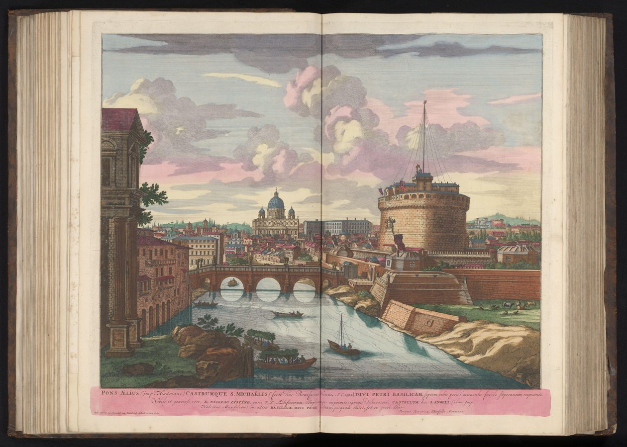 Engelenburcht, Sint-Pietersbasiliek en de rivier de Tiber Aelius-broen (imponeret af Hadrian) og Skt. Michaels slot (...) (titel på objektet) af Pieter Schenk (I)