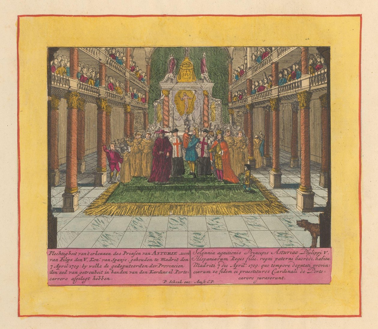 Anerkendelse af Louis Philip, prins af Asturien og søn af kong Filip V af Spanien, 1709 Højtideligheden for anerkendelsen af ​​prinsen af ​​Asturien, søn af Philip de V. kon. af Spanien, afholdt i Madrid den 7. april 1709, hvor deputerede for PR af Pieter Schenk (I)