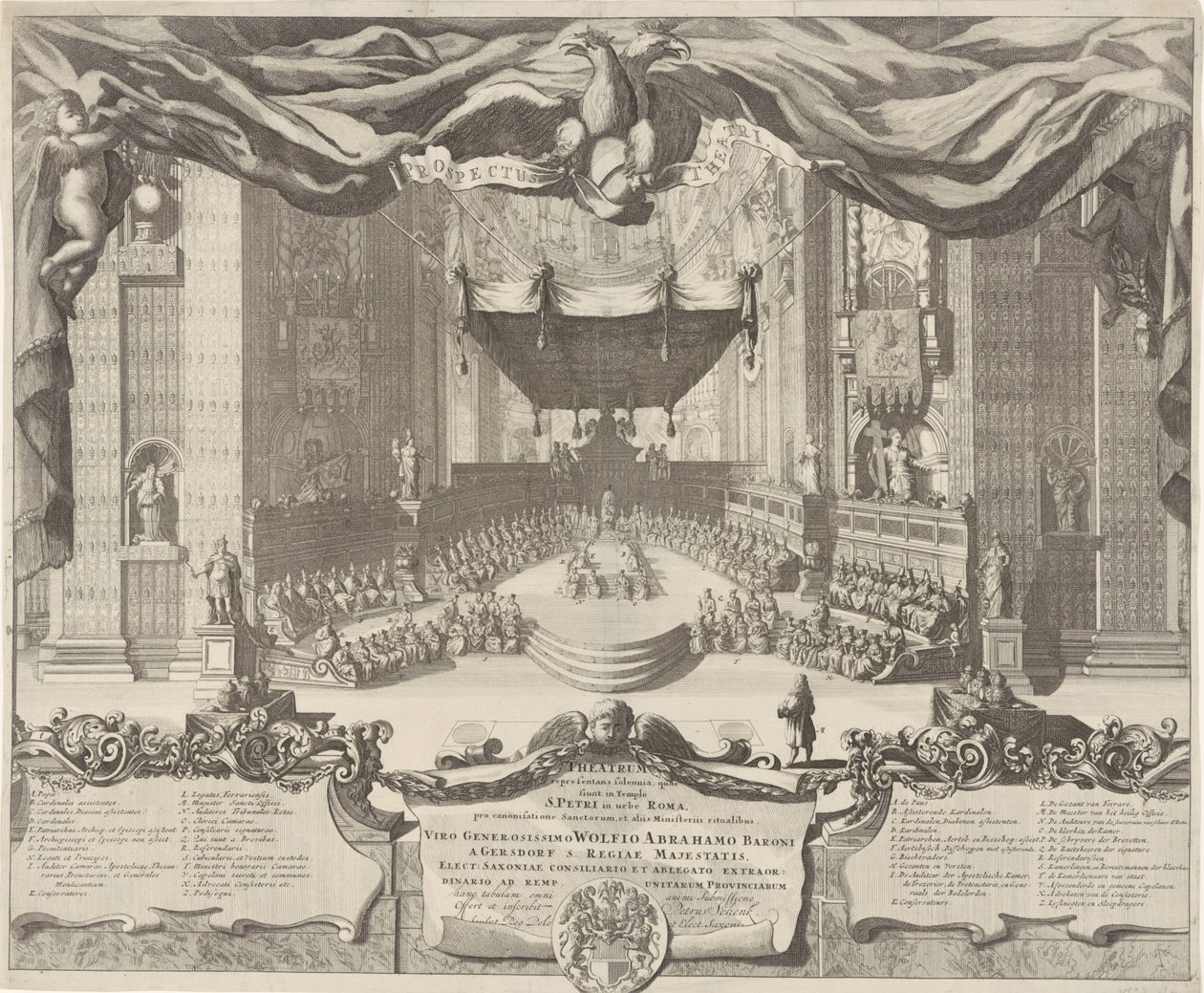 Udsigt i de Sint-Pietersbasiliek Et teater, der repræsenterer de forbrydelser, der finder sted i Sankt Peters tempel i byen Rom (titel på objektet) af Pieter Schenk (I)