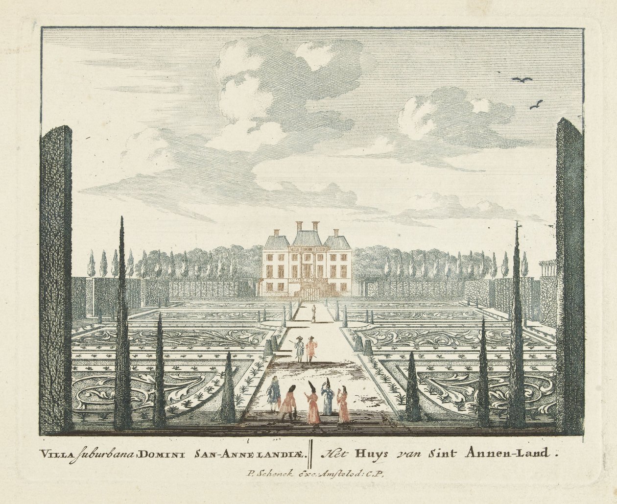 Udsigt over landstedet Clingendael i Haag Gesichte van het Famous Loo som andre kongehuse (serietitel) Admirandorum quadruplex spectaculum (serietitel) af Pieter Schenk (I)