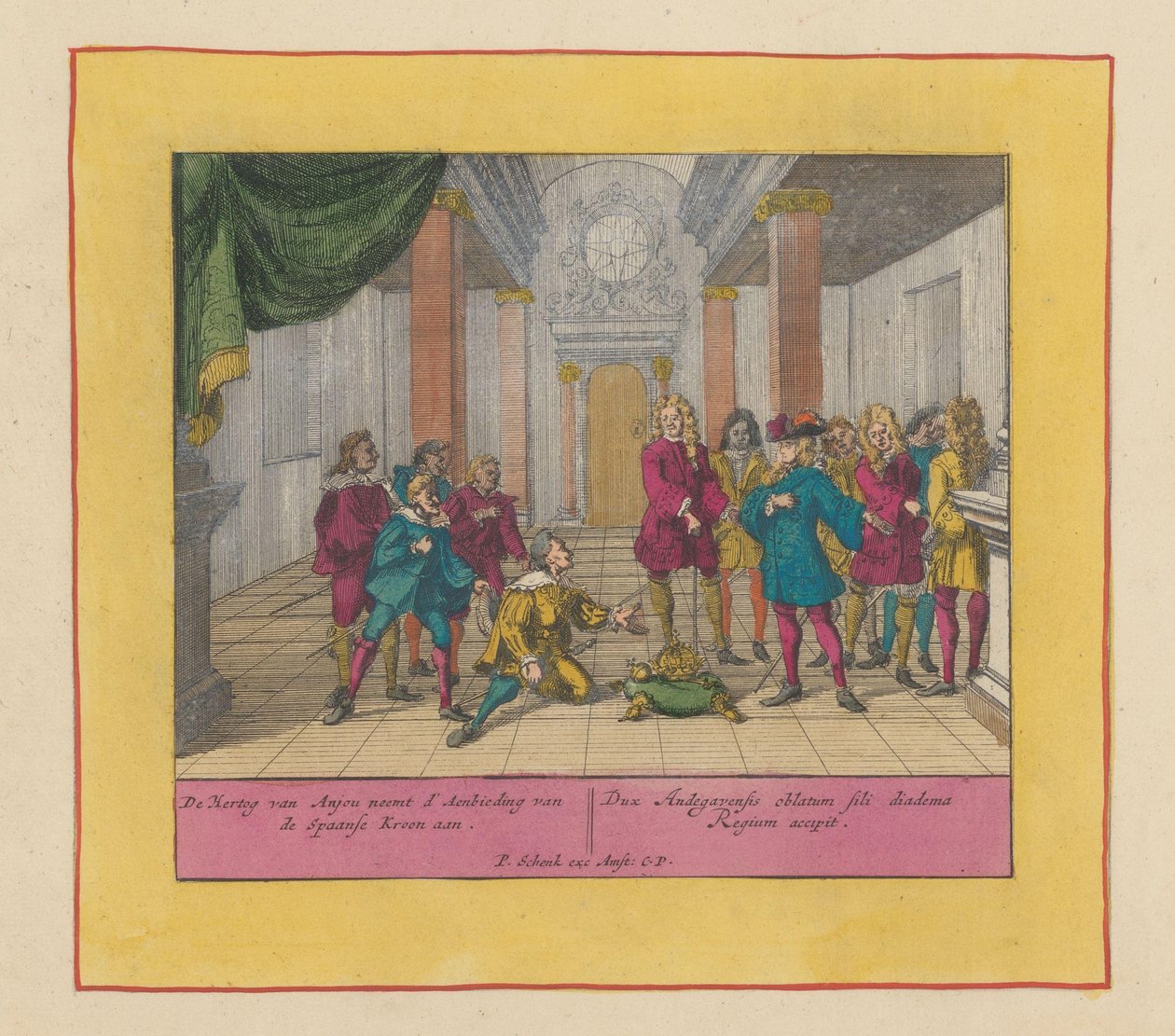 Hertug Filip af Anjou accepterer den spanske krone, 1700 Hertugen af ​​Anjou accepterer tilbuddet fra den spanske krone (...) (titel på objekt) Krigens teater, begyndelsen af ​​kong Charles II. Indtil kong Charles III. Eksisterende i IX af Pieter Schenk (I)