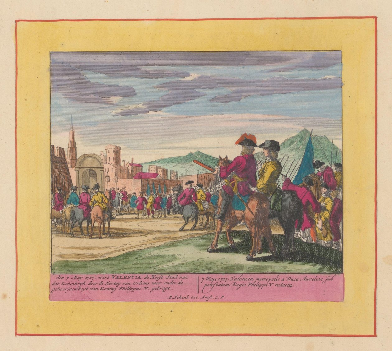 Erobringen af ​​Valencia, 1707 Krigens teater, begyndelsen af ​​kong Charles II. Indtil kong Charles III. Eksisterende i IX. Historiske figurer på et elefantblad, som kampe, belejringer på vandet og i Lande, med de vigtigste befæstninger af Pieter Schenk (I)