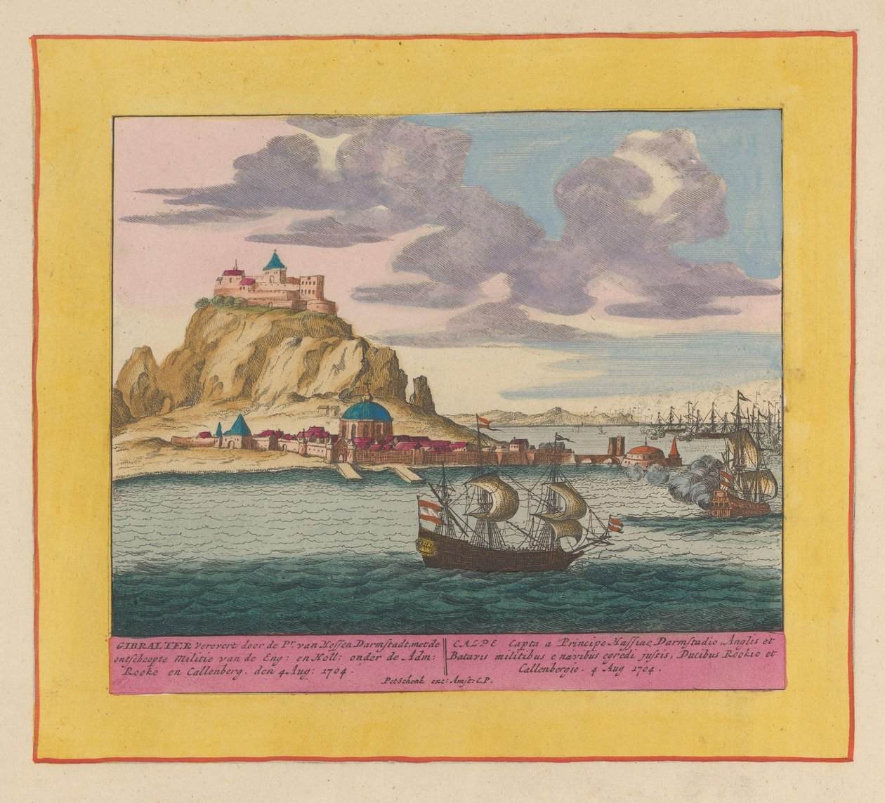 Erobring af Gibraltar af en engelsk-hollandsk flåde, 1704 Gibraltar erobret af Pr. van Hessen Darmstadt, med den ilandsatte milits af Eng : en Holl : under Adm : Rooke og Callenberg den 4. aug : 1704 (...) (titel på objekt) Teater af Pieter Schenk (I)