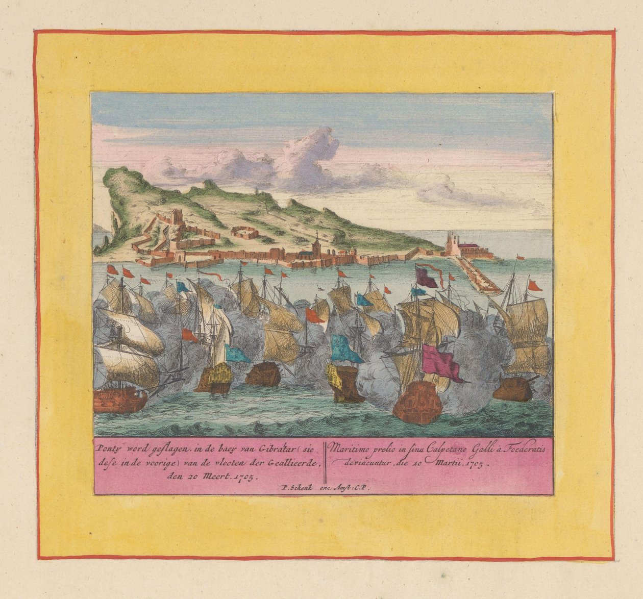 Søslaget ved Gibraltar, 1705 Ponty bliver slået, i Gibraltars havn (sie dese foran) af de allieredes flåder, den 20 Meert, 1705 (titel på objektet) Krigens teater, begyndelsen af ​​kong Charles II. Vi ses på Kong Karel den af Pieter Schenk (I)