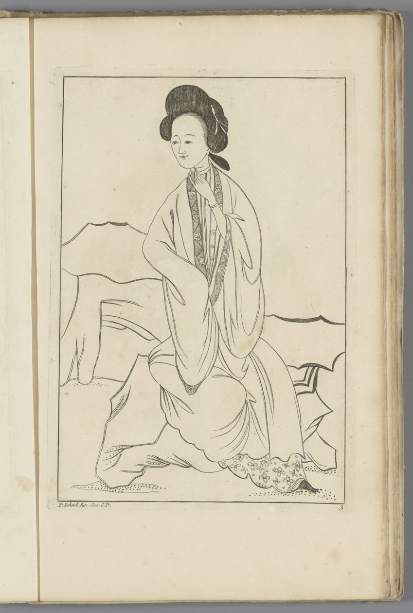 Kinesisk kvinde med højre hånd i ærmet på sin kimono Kinesiske kvinder, blomster og fugle (serietitel) af Pieter Schenk (II) (possibly)