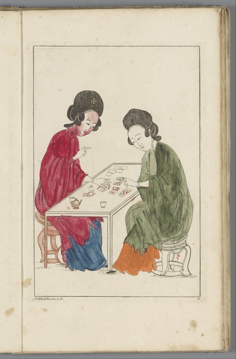 To kinesiske kvinder spiller et kortspil Kinesiske kvinder, blomster og fugle (serietitel) af Pieter Schenk (II) (possibly)