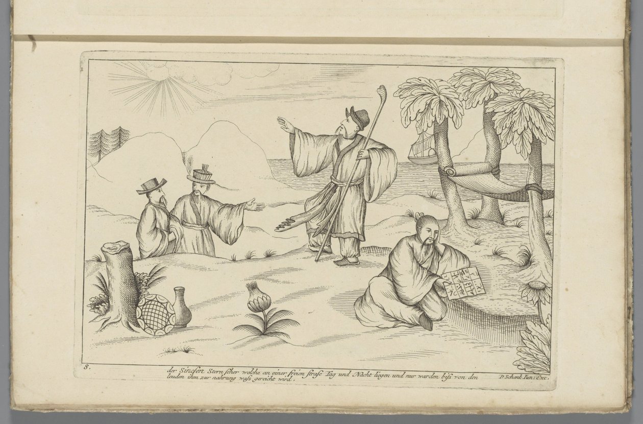 Kinesiske stjerner Sinesen-stjerneseerne, der ligger på åben vej dag og nat og kun bliver bidt af de mennesker, der giver ham mad (titel på objekt) Kinesisk brugt (serietitel) af Pieter Schenk (II)