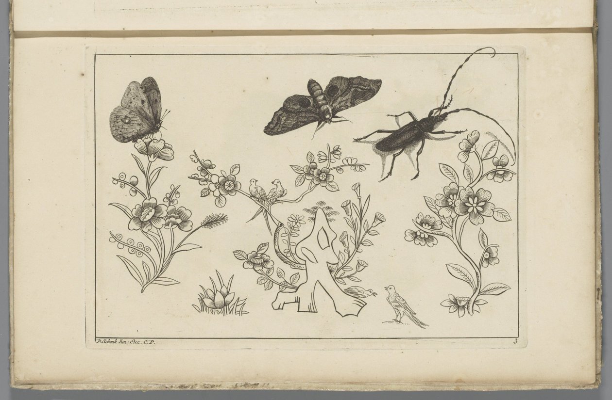 Tre blomstergrene med fugle, sommerfugle og et insekt Kinesiske blomster og insekter (serietitel) af Pieter Schenk (II)