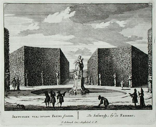 Sekskantet hæk ved en faunfontæne, fra "Admirandorum Quadruplex Spectaculum", af Jan van Call (1656-1703), udgivet før 1715 (stik) af Pieter Schenk