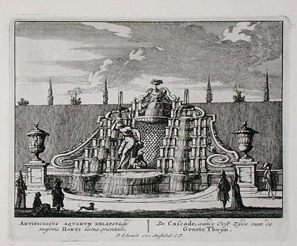 Kaskaden i en orientalsk have, fra "Admirandorum Quadruplex Spectaculum", af Jan van Call (1656-1703), udgivet før 1715 (stik) af Pieter Schenk