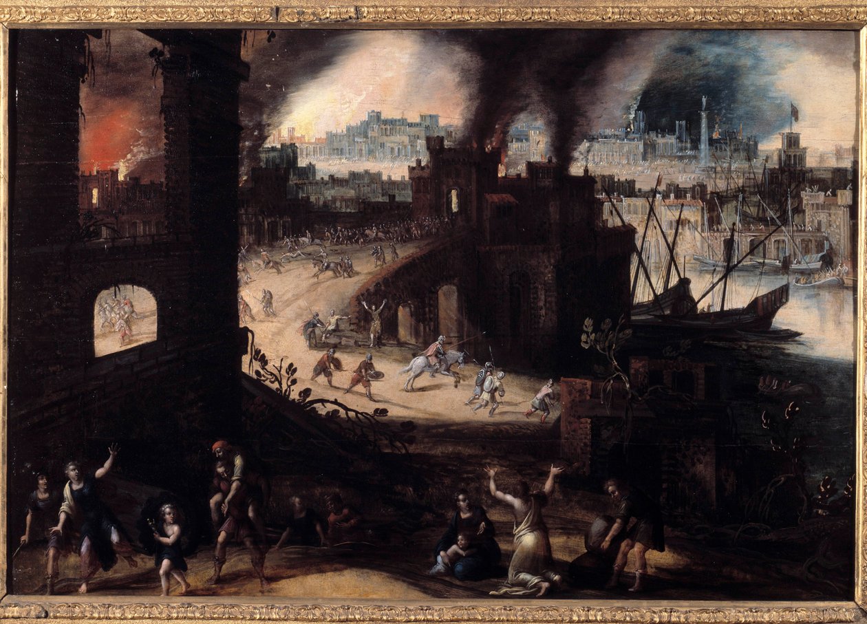 The Destruction of Troy Maleri af Pieter Schoubroeck (1570-1607) 1600-tallets Besancon. Museum for Skønne Kunster af Pieter Schoubroeck