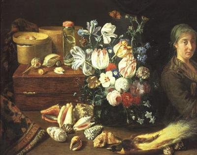 Stilleben, blomster, skaller, slanger, fugl og en stående kvinde af Pieter Snyers