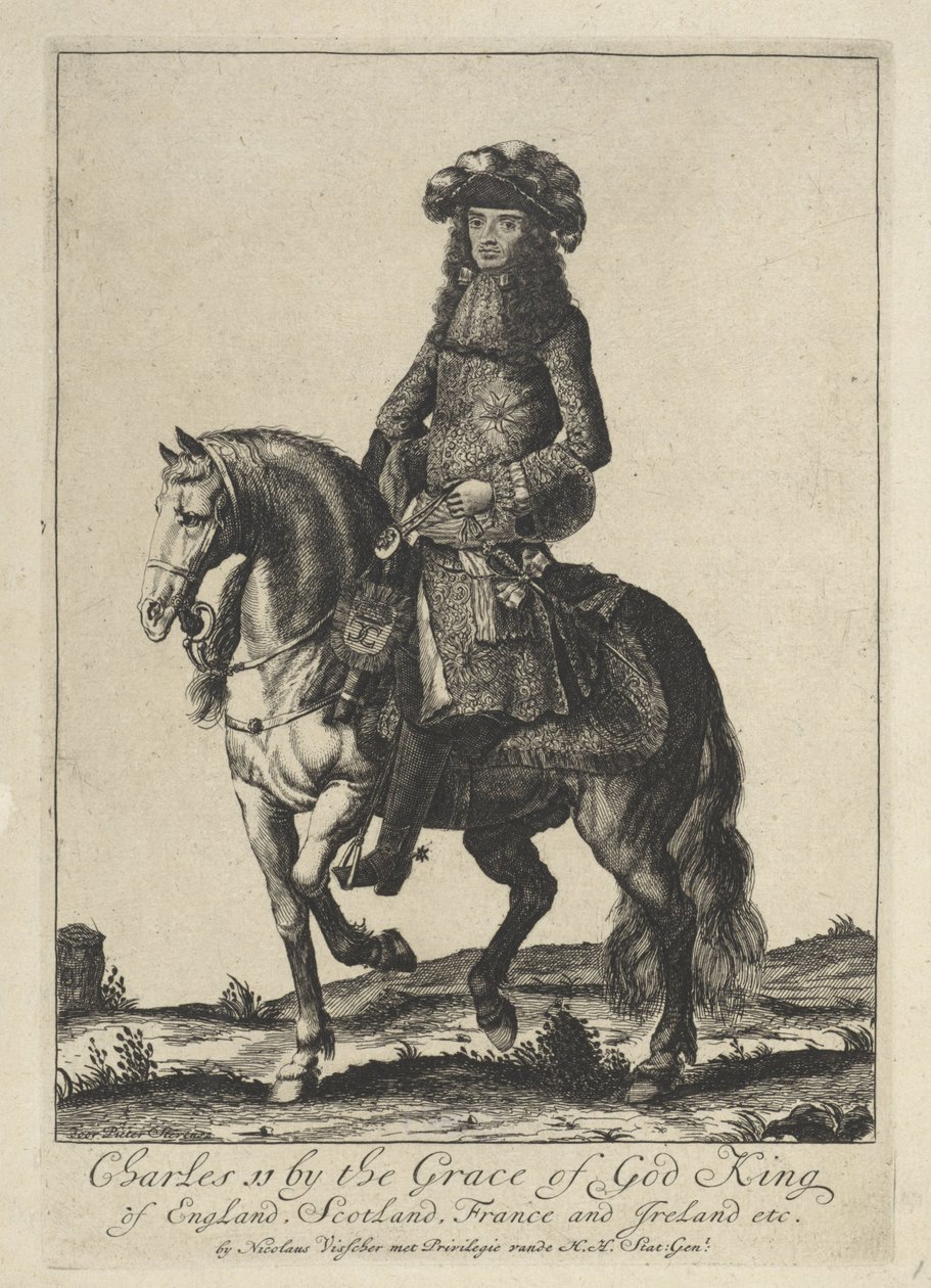 Ridesportræt af kong Charles II af England af Pieter Stevens (vermeld in 1689)