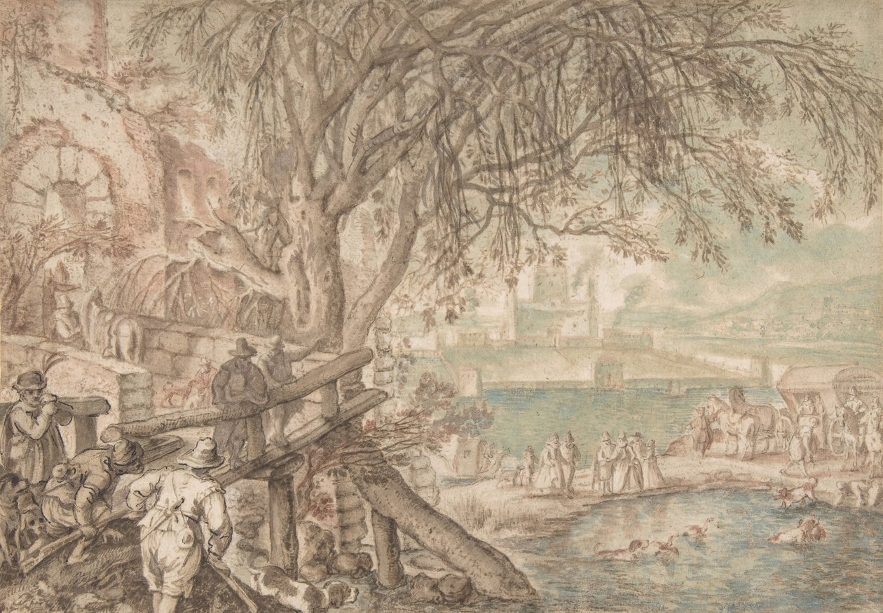 Jægere og kompagni observerer hunde hente ænder i en dam April måned, c1610-20. af Pieter Stevens
