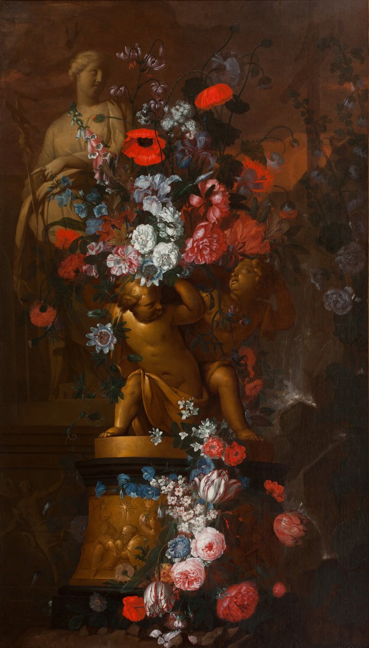 Blomster i kaskader med skulpturer af en kvindelig helgen og gyldne putti på en base med en krybbescene i en have i skumringen, ca. 1690-1750 (olie på lærred) af Pieter & Terwesten Mattheus (1670-1757) Hardime