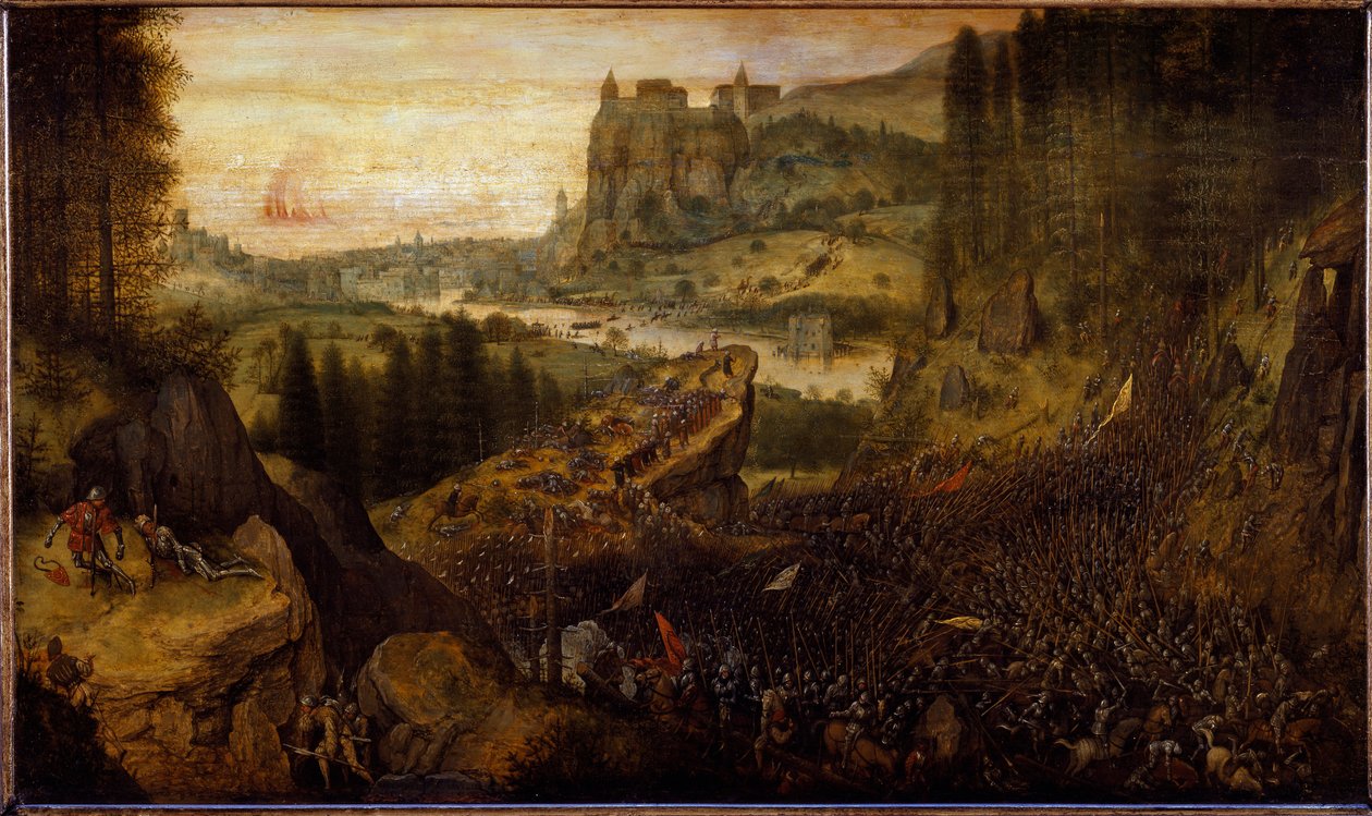 Slag mellem filister og israelitter: Saul og hans væbner bliver kastet på deres sværd. (maleri af Pieter Bruegel the Elder