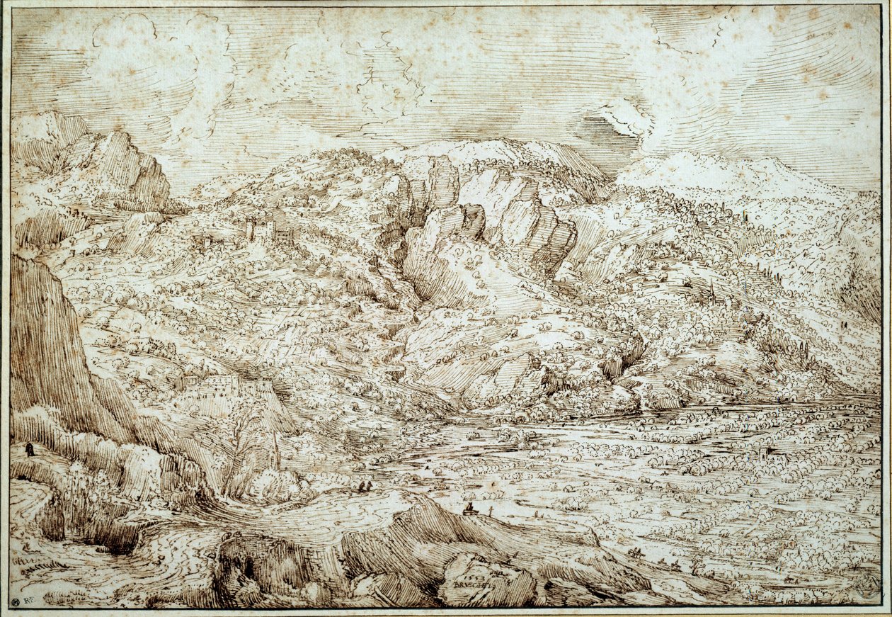 Alpernes landskab. Tegning af Pieter Brueghel Dit Den gamle mand (1525-1569) Ec. Flam. af Pieter Bruegel the Elder
