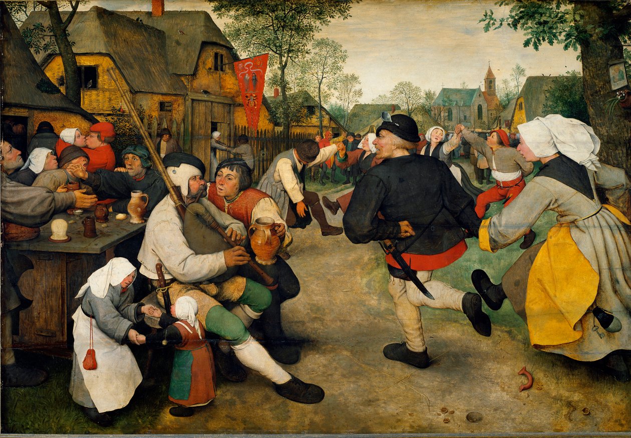 Bondedans En mand spiller sækkepibe sammen med en alkoholiker. Bag dem med flaget er et bordel, mens landsbybeboerne danser og har det sjovt. Maleri af Pieter Bruegel kaldet den ældste (eller Pierre Breugel eller Peter Brueghel eller Breughel af Pieter Bruegel the Elder