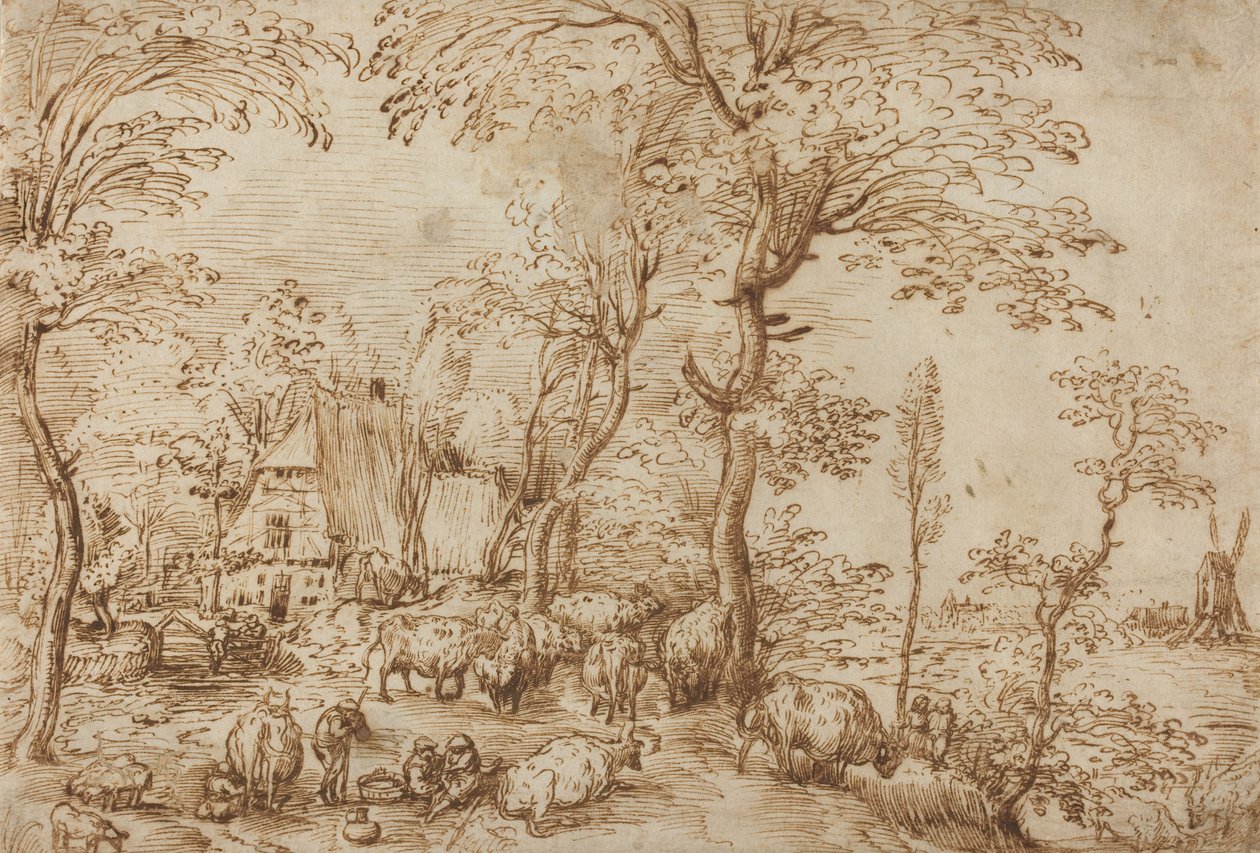 Bønder og kvæg nær et bondehus, ca. 1553-54 (pen og brunt blæk på papir) af Pieter Bruegel the Elder