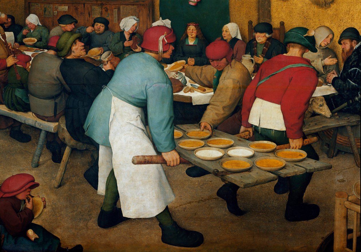 Bryllupsrejsedetaljen. Tallerkener på en bakke. Maleri af Pieter Bruegel (eller Bruegel eller Brueghel eller Brueghel) sagde den tidligere (1525-1569) af Pieter Bruegel the Elder