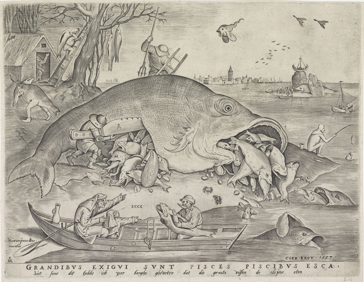 Store fisk spiser de små fisk, graveret af Pieter van der Heyden, 1557 af Pieter The Elder after Brueghel