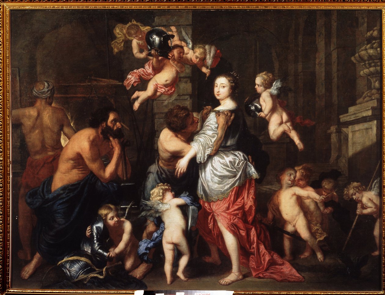 Venus (Aphrodites) besøg hos Vulcan (Hephaistos) (Venus besøg hos Vulcan). Maleri af Pieter Thies (1624-1677 eller 1679). Olie på lærred af Pieter Thies