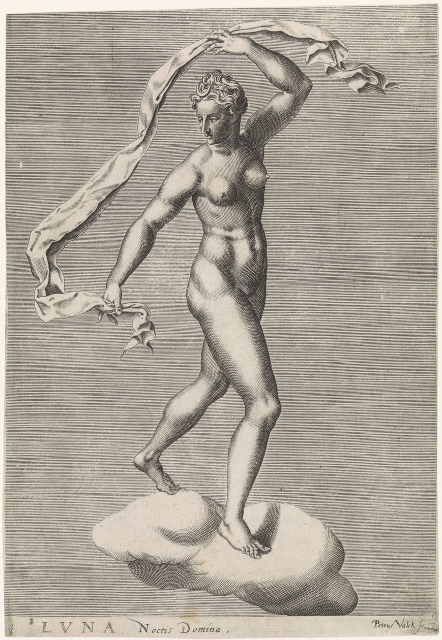 Diana som Luna på en sky Luna Noctis Domina (titel på objekt) De syv planeter (titel på objekt) af Pieter Valck