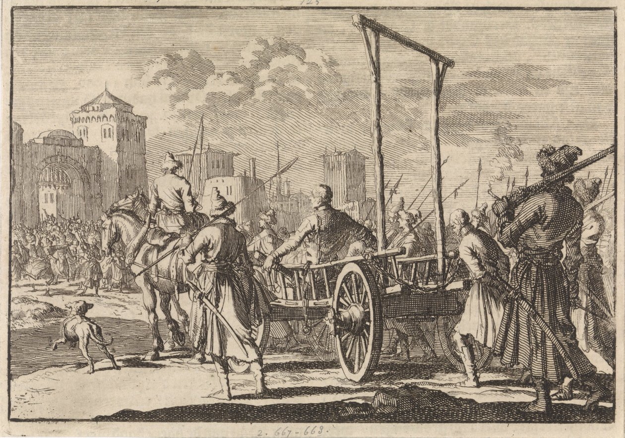 Ankomst af Stepan Razin og hans bror Frol i et jernbur i Moskva, 1671, 1698 af Pieter Van der Aa