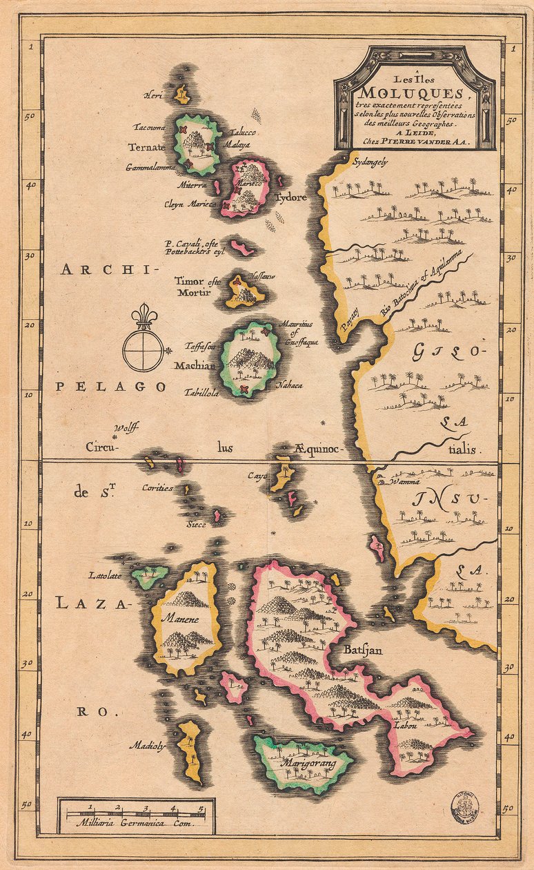 Kort over Molukkerne (det nuværende Indonesien), ca. 1707 (koloreret stik) af Pieter Van der Aa