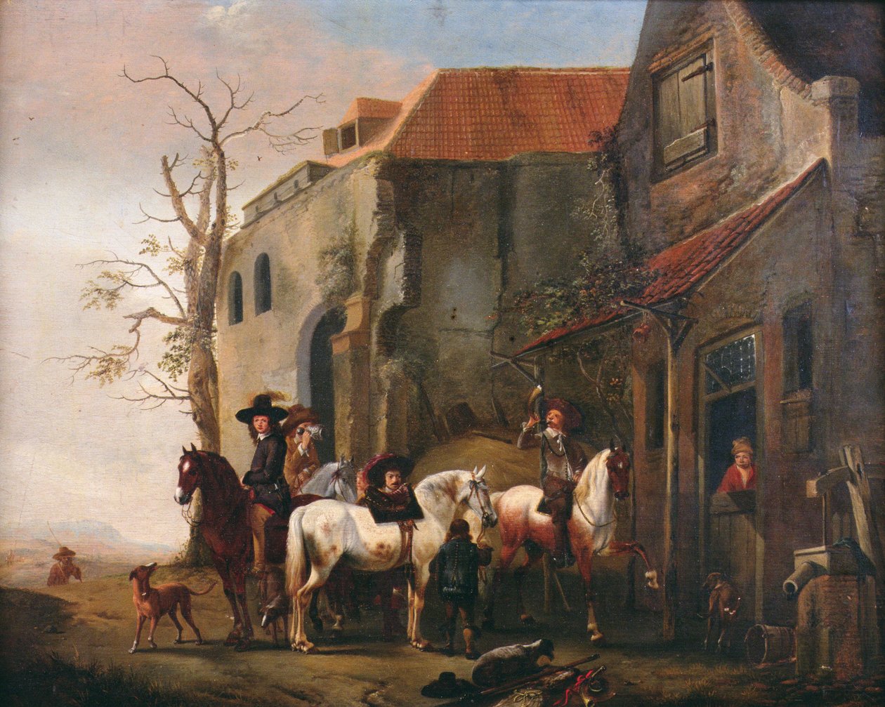 Ryttere og heste ved døren til en kro af Pieter Wouwermans or Wouwerman