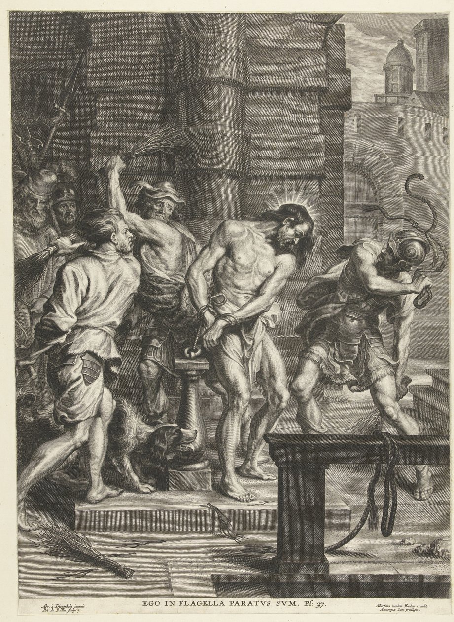 Afbrænding af Kristus af soldater Ego i flagella paratus sum (titel på objekt) af Pieter de Bailliu (I)