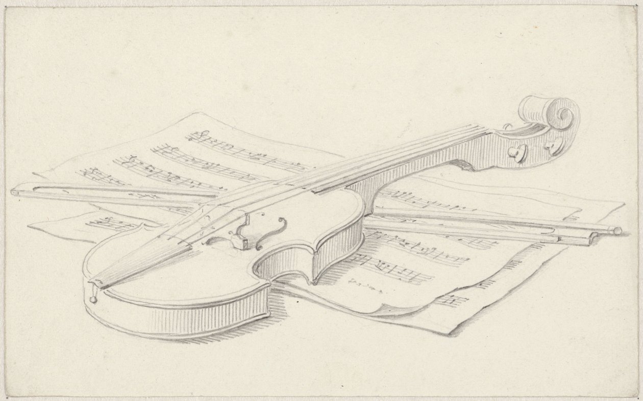 Stilleben med violin, bue og noder af Pieter de Goeje