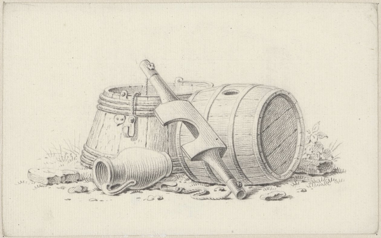 Stilleben med tønder, et åg og en krukke af Pieter de Goeje