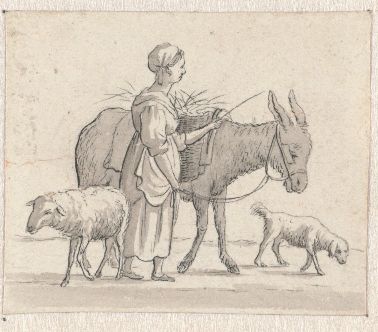 Kvinde med æsel, får og hund af Pieter de Goeje