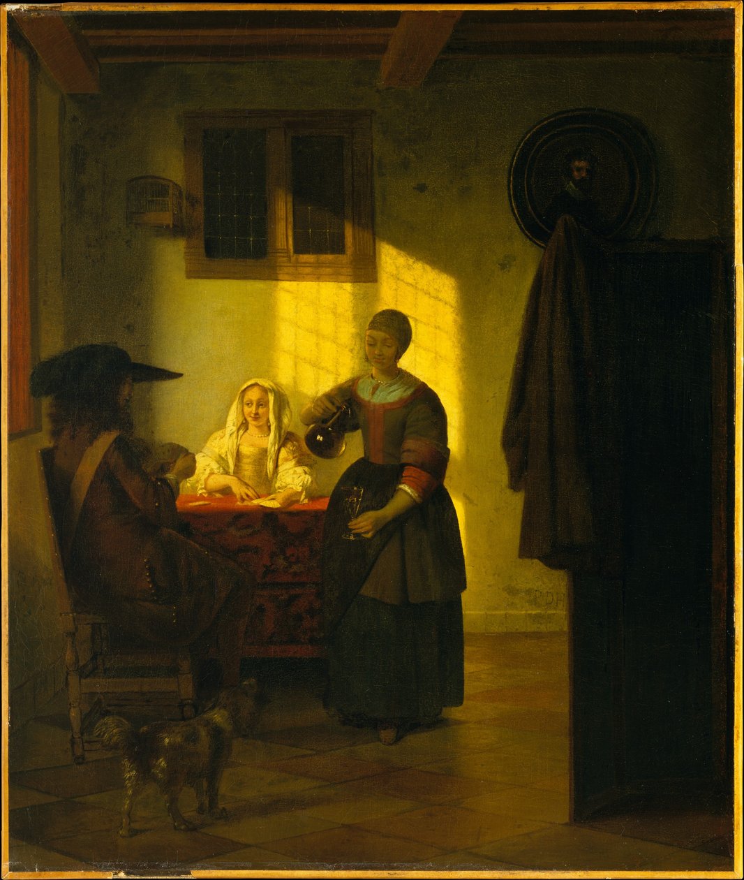 Ein Paar beim Kartenspiel mit einer Dienerin af Pieter de Hooch