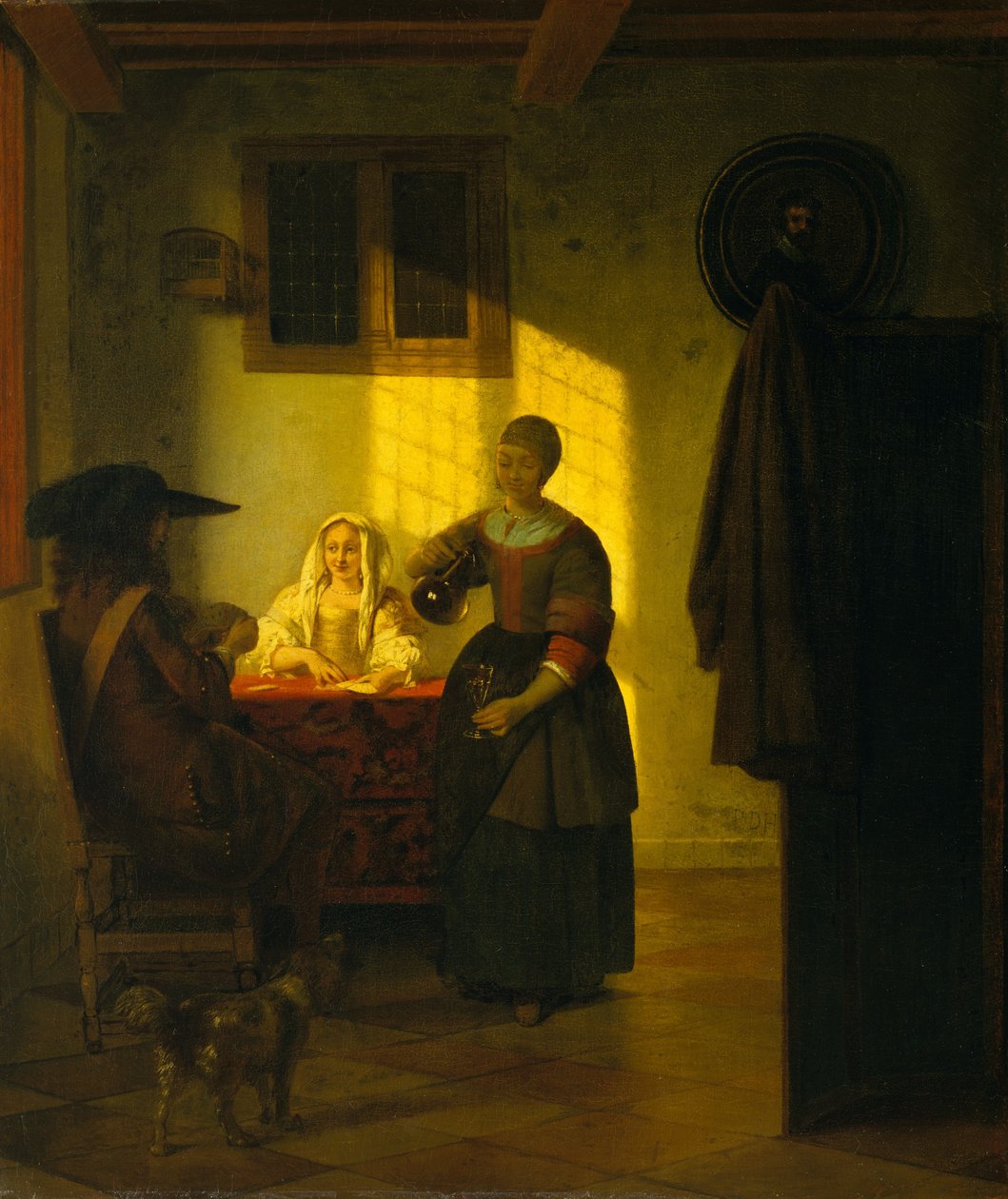 Et par spillekort med en tjenende kvinde, ca. 1665-75. af Pieter de Hooch