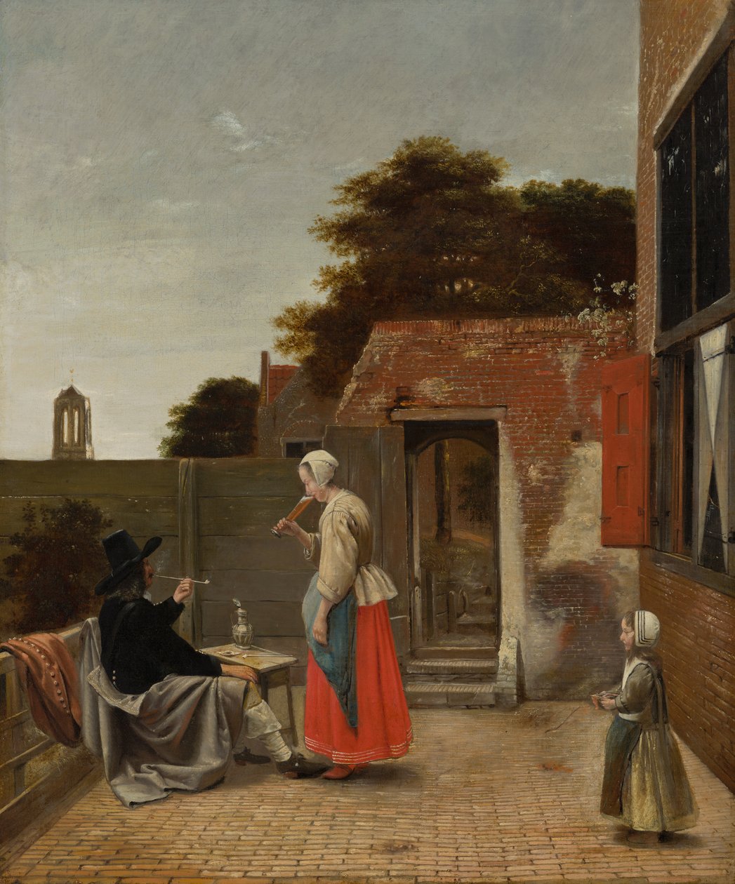 En mand, der ryger og en kvinde, der drikker i en gårdhave, ca. 1658-60 af Pieter de Hooch