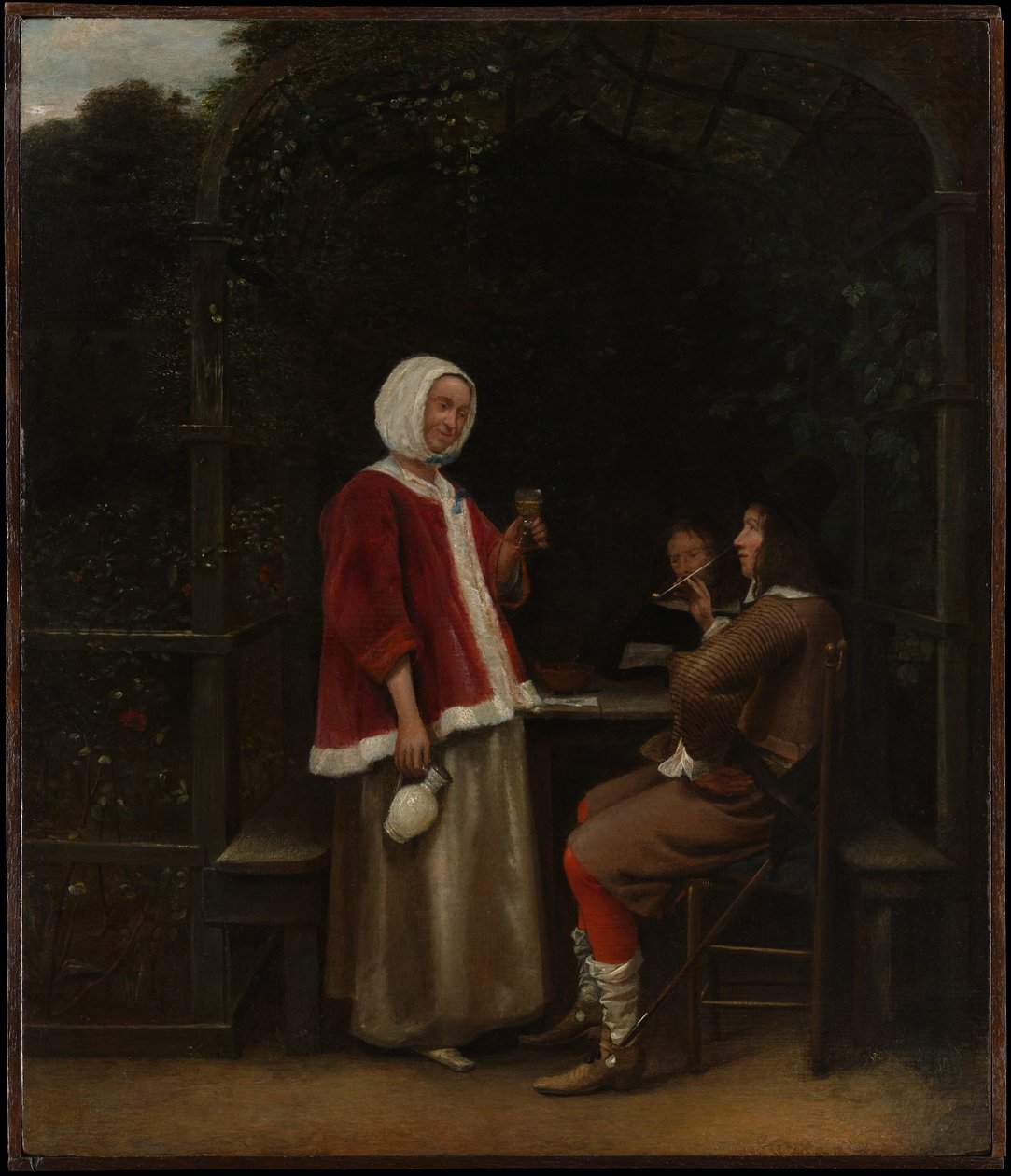 En kvinde og to mænd i en løvhytte af Pieter de Hooch