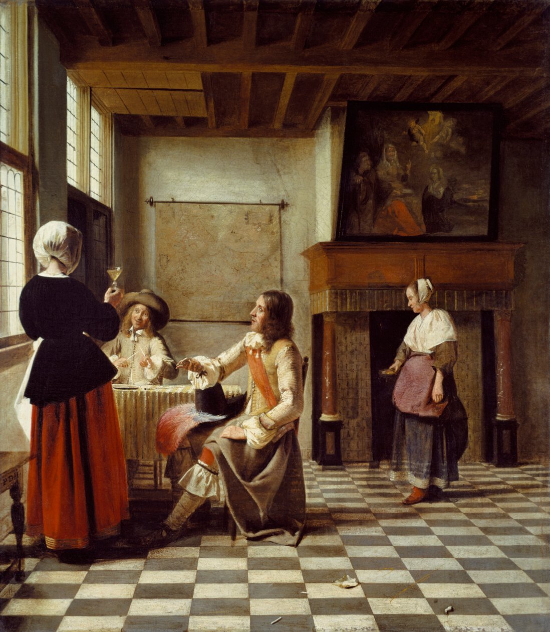 Et interiør, med en kvinde, der drikker med to mænd, og en tjenestepige af Pieter de Hooch