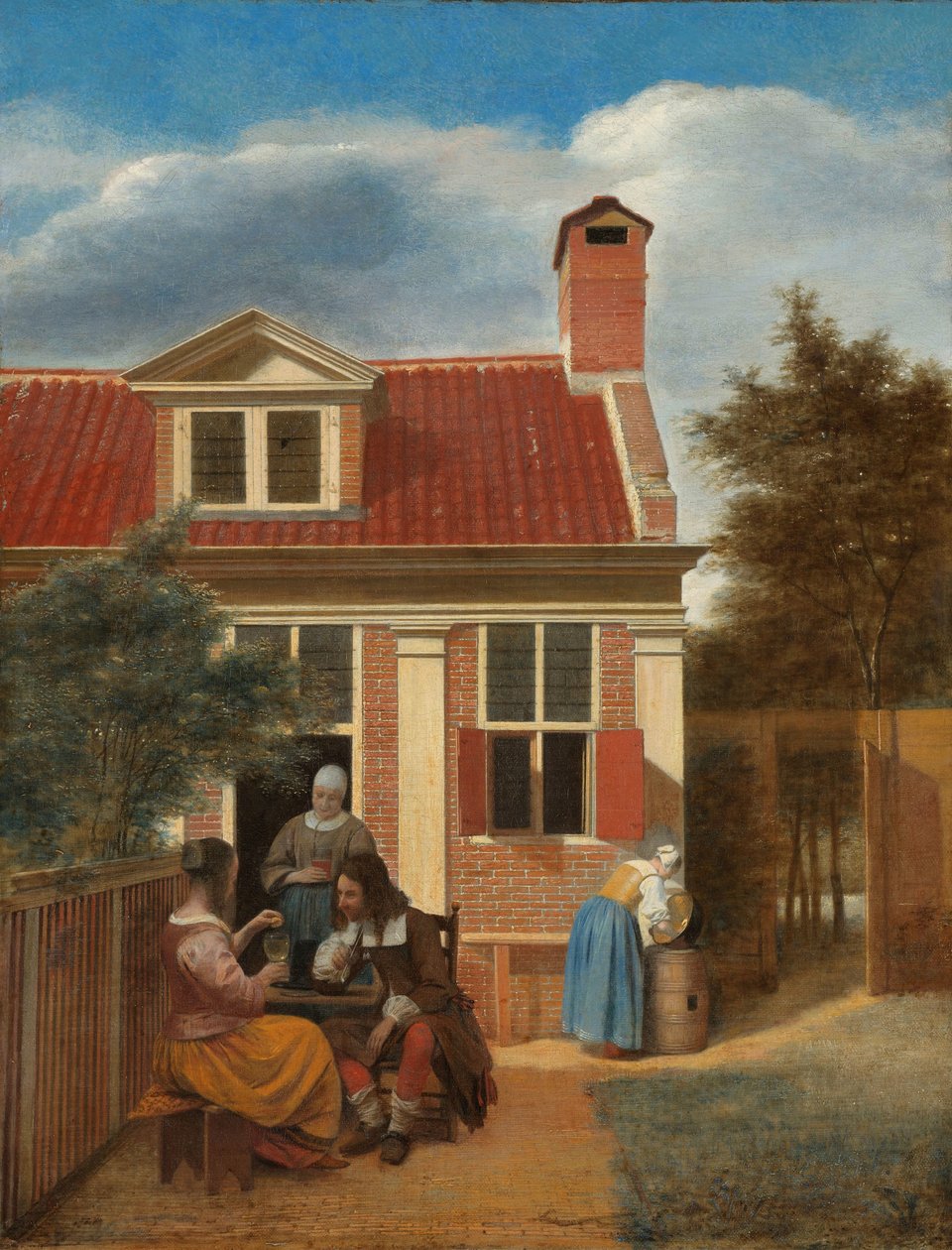 Figurer i en gårdhave bag et hus Tre kvinder og en mand i gården bag et hus af Pieter de Hooch