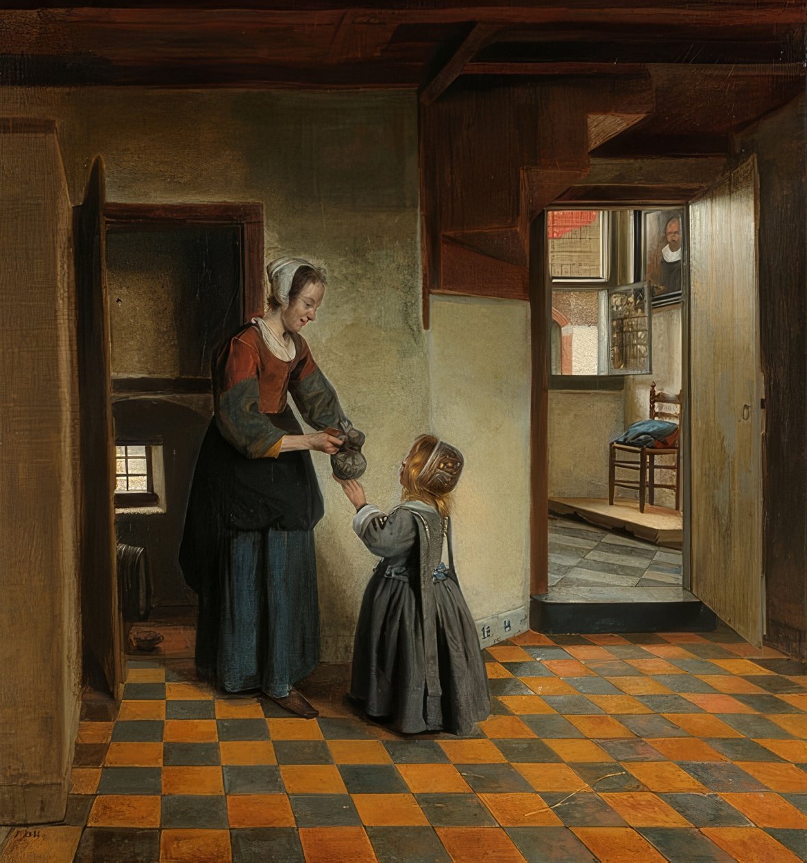 Kvinde med et barn i et spisekammer. Omkring 1656-60 af Pieter de Hooch